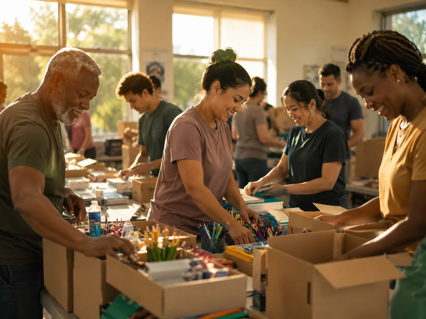 Volunteers coordinating educational and community supplies