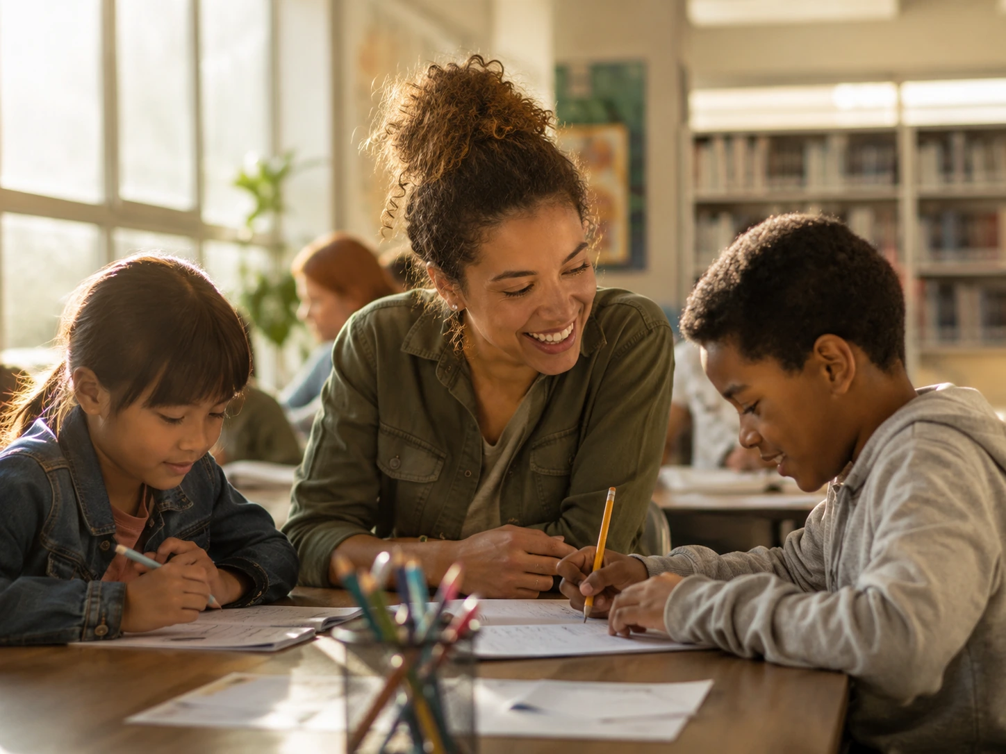 A community educator supporting children during a learning activity