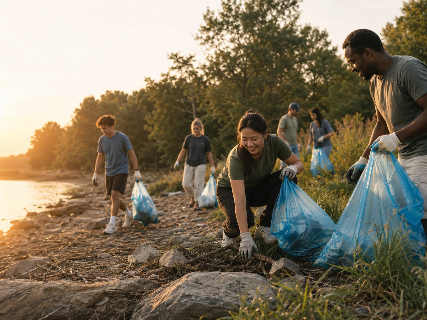 Volunteers caring for a lakeside environment