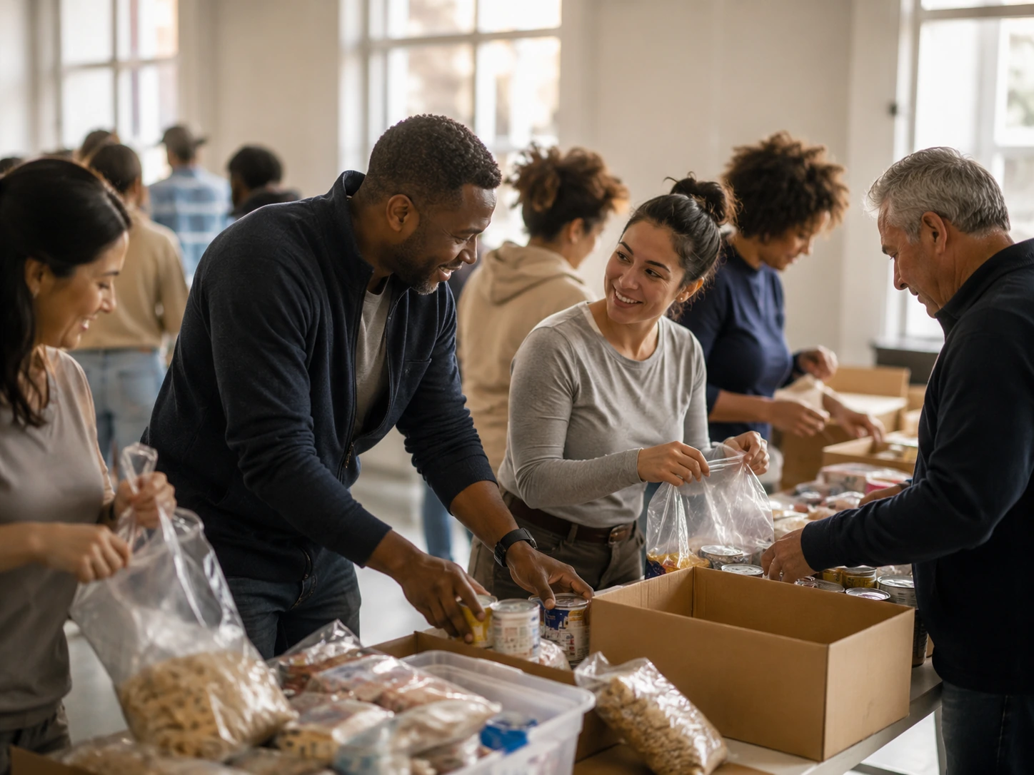 Volunteers organizing community supplies indoors