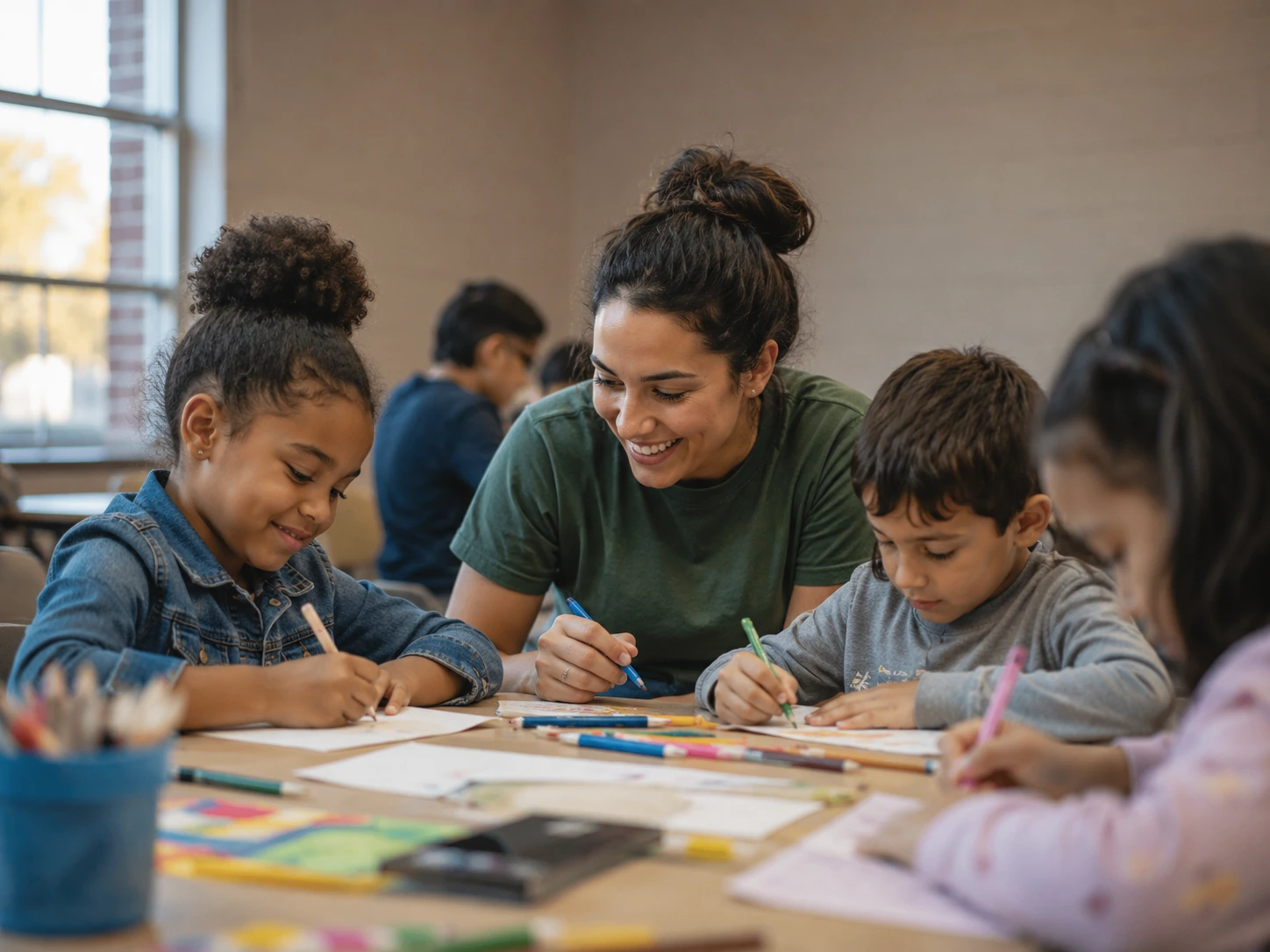 An educator guiding children during a creative learning activity