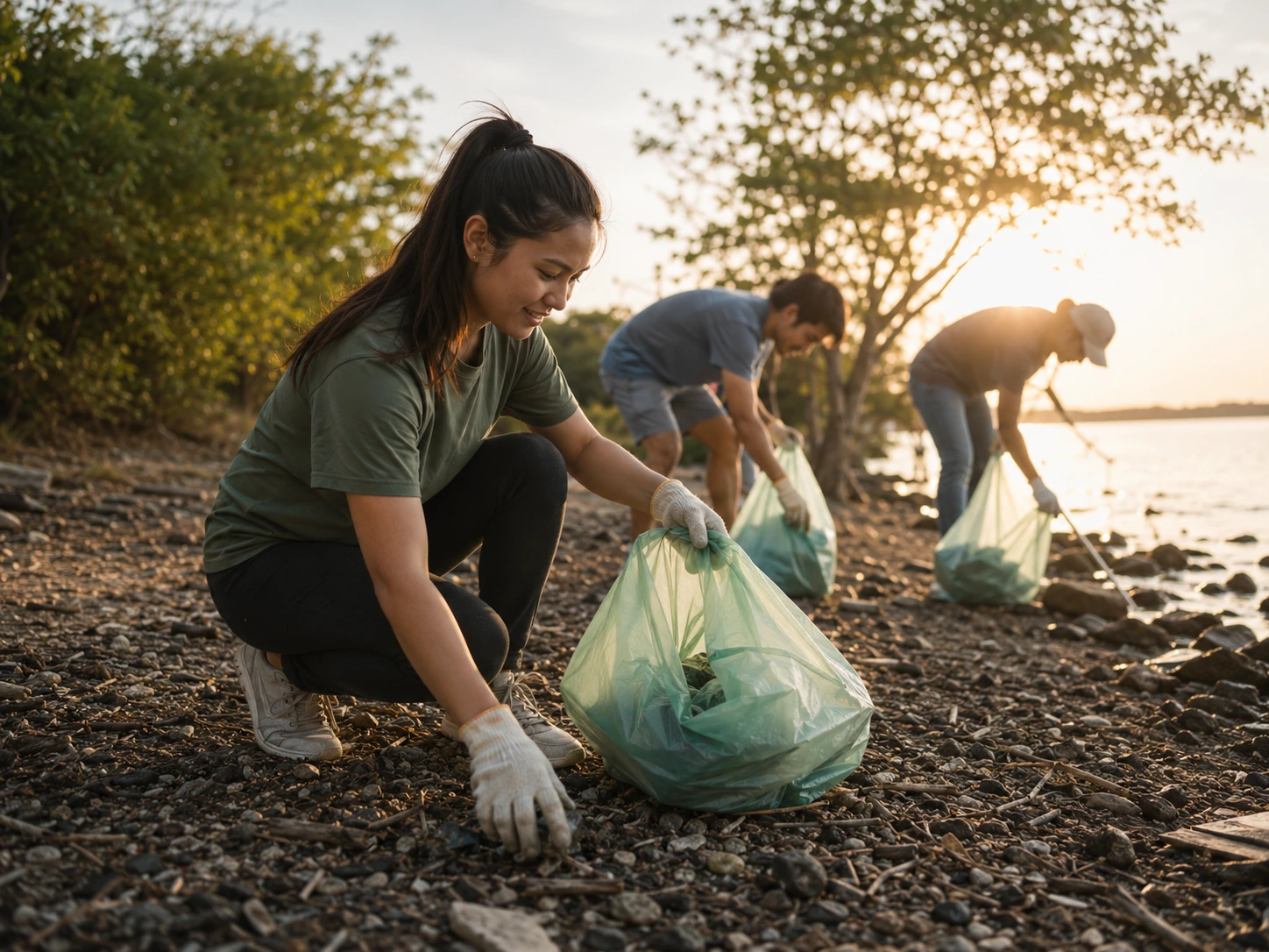 Volunteers caring for a lakeside environment