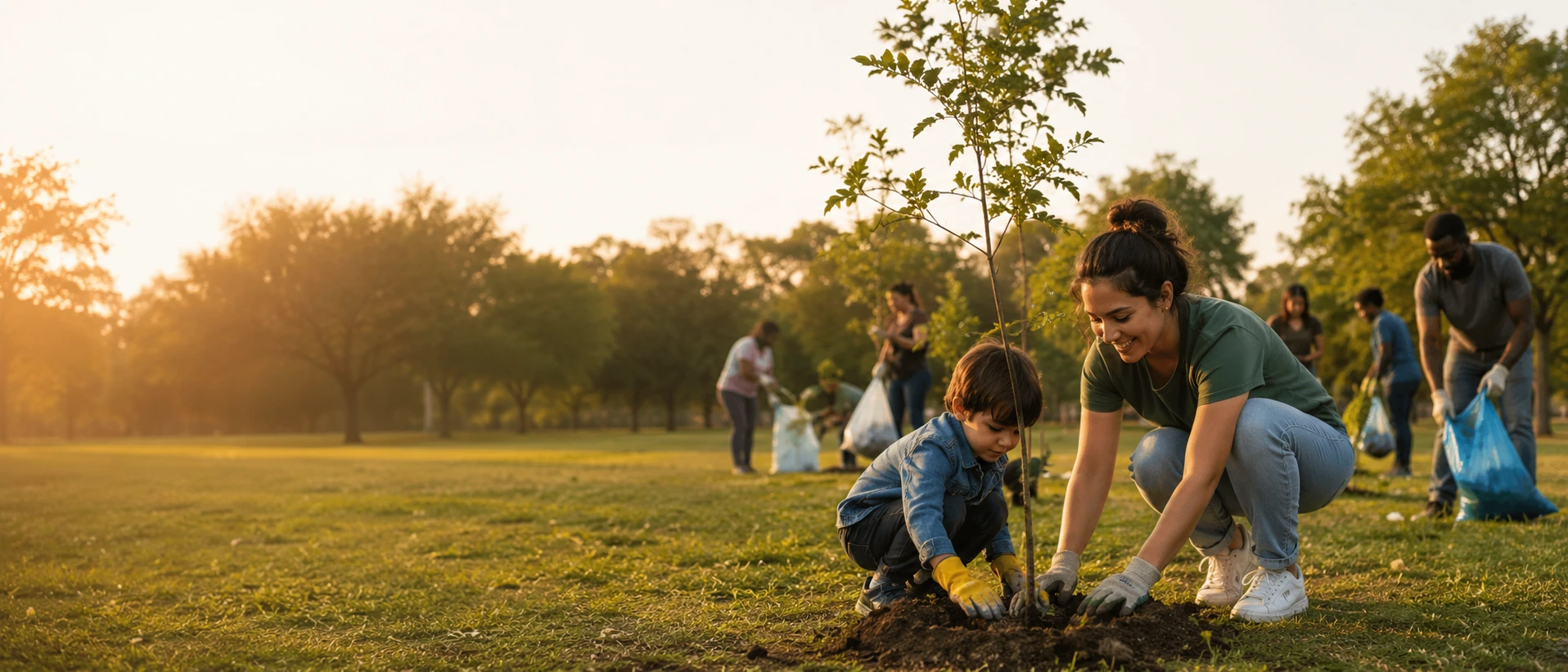 A volunteer and child planting a young tree while community members care for a public park