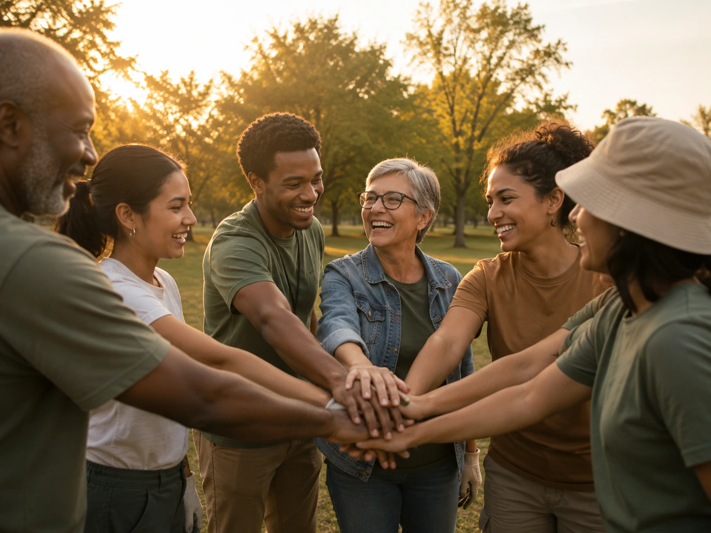 A diverse group of community volunteers joining hands outdoors